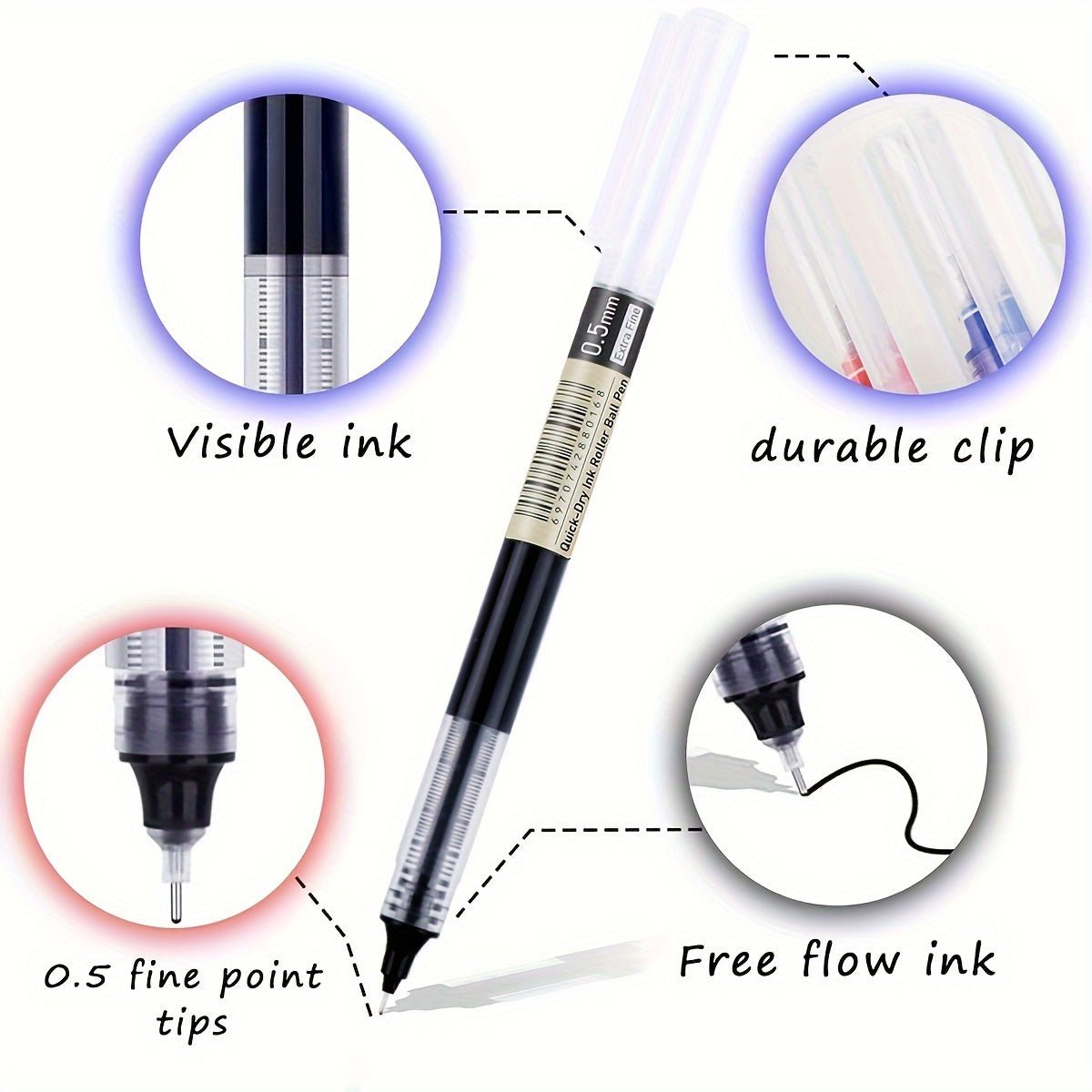 Luckins 30-Pack Quick-Dry Gel Pens, 0.5mm Fine Tip, Assorted Colors (Black/Blue/Red)
