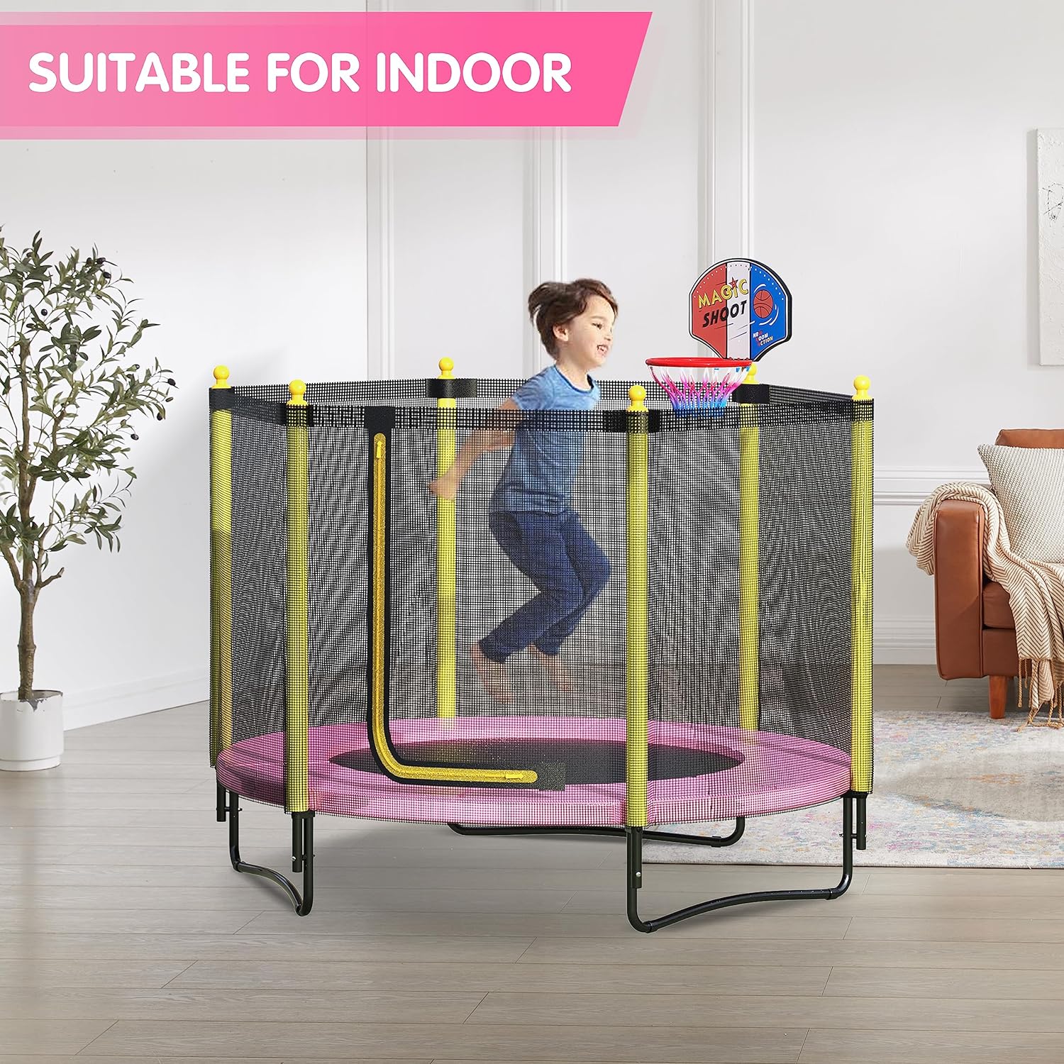 60" Kids Trampoline with Safety Enclosure Net, 5FT Toddler Indoor & Outdoor Trampoline/w Basketball Hoop - Parent-Child Interactive Game Fitness Trampoline Toy Gift for Boys and Girls Age 1-8