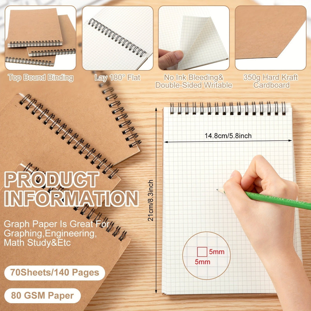 Luckins 12-Pack A5 Top Wirebound Graph Paper Spiral Notebooks, 140 Pages